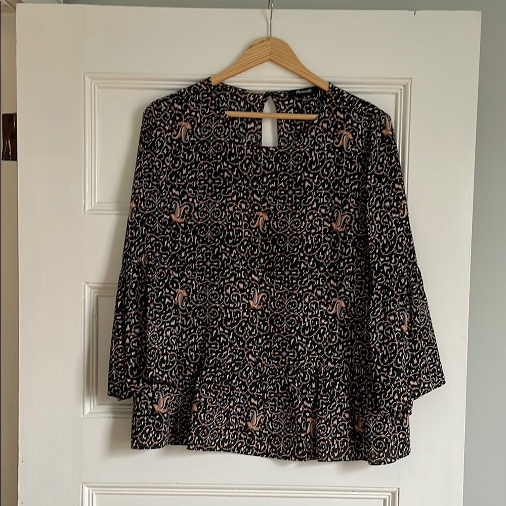 Madewell 100% silk blouse black with print size M